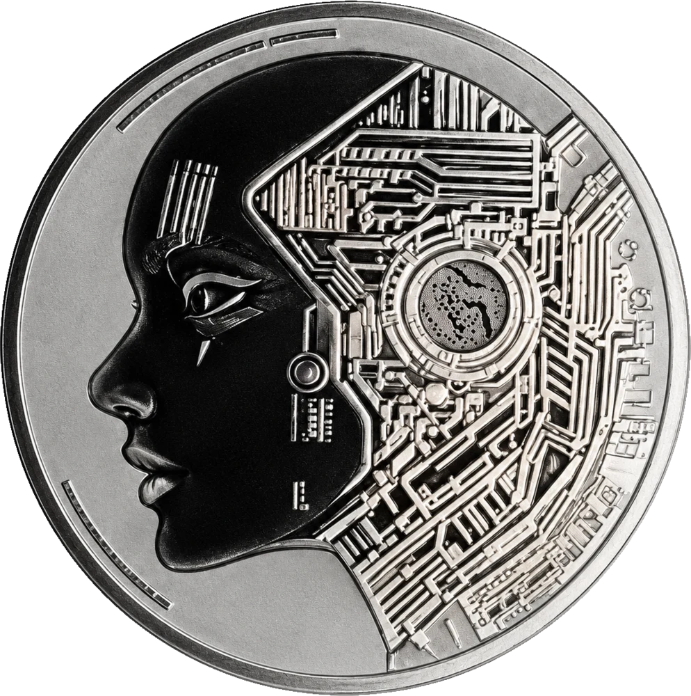 The Artificial Coin: a silver coin showing a face that is half human, half circuit board